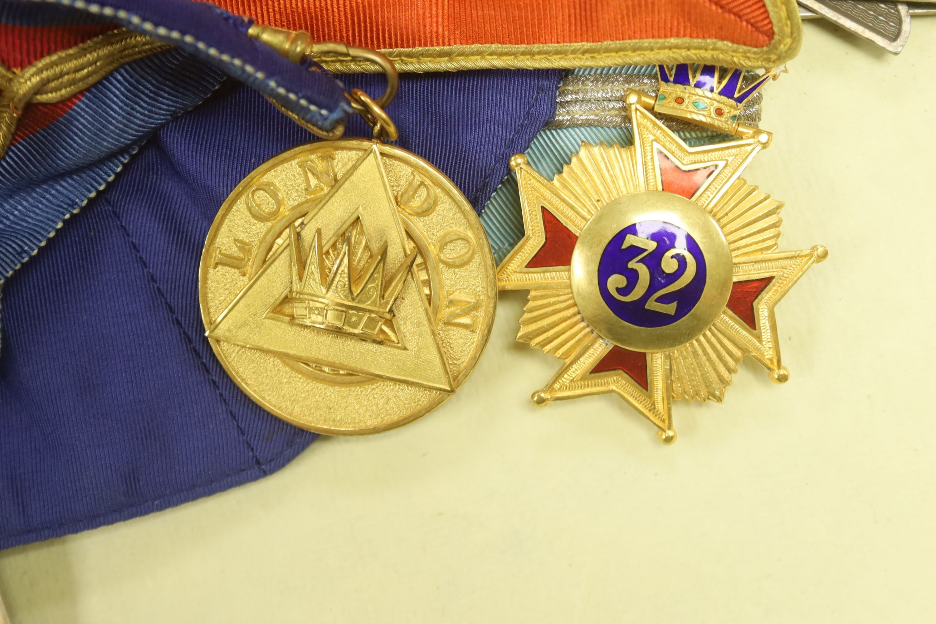 A group of Masonic sashes and medallions